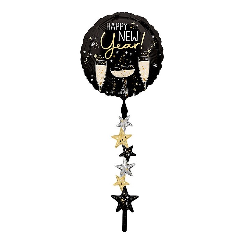 BALLON METALLIQUE ROND 60 CM HAPPY NEW YEAR GUIRLANDE ETOILES NOIR OR ARGENT