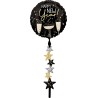 BALLON METALLIQUE ROND 60 CM HAPPY NEW YEAR GUIRLANDE ETOILES NOIR OR ARGENT
