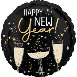BALLON METALLIQUE ROND 43 CM HAPPY NEW YEAR NOIR ET OR FLUTES A CHAMPAGNE