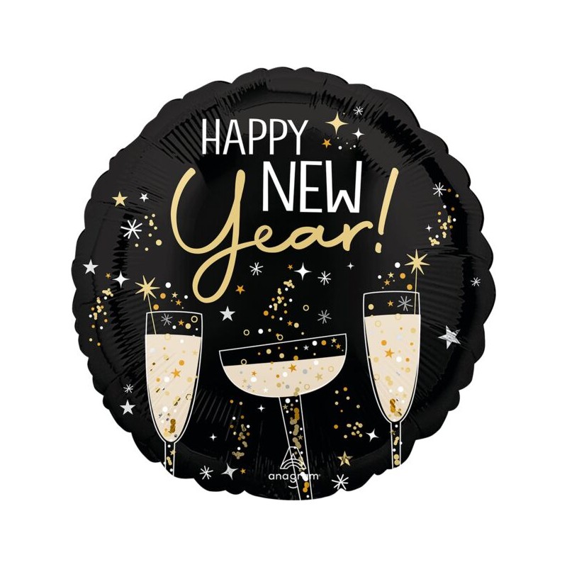 BALLON METALLIQUE ROND 43 CM HAPPY NEW YEAR NOIR ET OR FLUTES A CHAMPAGNE