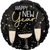 BALLON METALLIQUE ROND 43 CM HAPPY NEW YEAR NOIR ET OR FLUTES A CHAMPAGNE