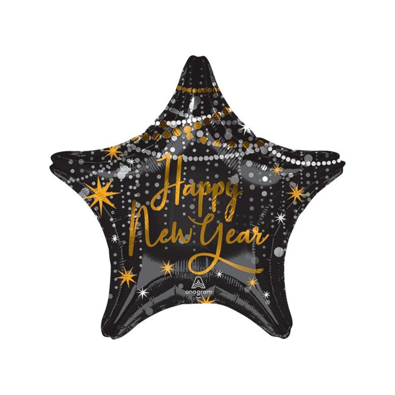BALLON METALLIQUE ETOILE 43 CM HAPPY NEW YEAR OR ET ARGENT SUR FOND NOIR