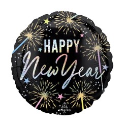 BALLON METALLIQUE ROND 43 CM HAPPY NEW YEAR COULEURS IRISEES SUR FOND NOIR