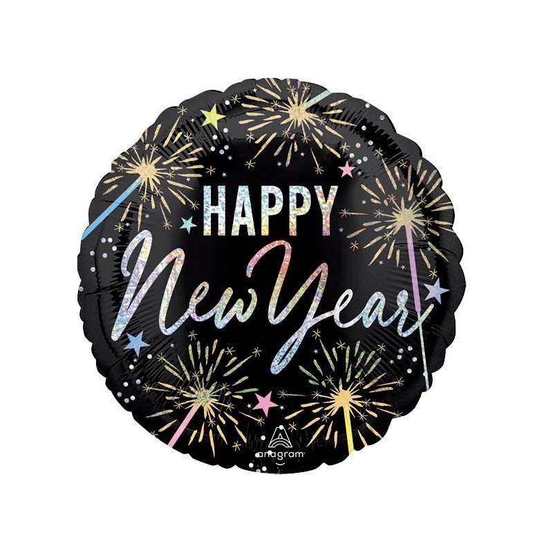 BALLON METALLIQUE ROND 43 CM HAPPY NEW YEAR COULEURS IRISEES SUR FOND NOIR