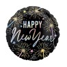 BALLON METALLIQUE ROND 43 CM HAPPY NEW YEAR COULEURS IRISEES SUR FOND NOIR