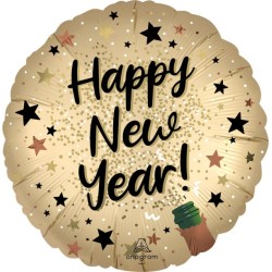 BALLON METALLIQUE ROND 43 CM HAPPY NEW YEAR NOIR ET OR