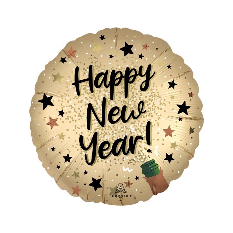 BALLON METALLIQUE ROND 43 CM HAPPY NEW YEAR NOIR ET OR