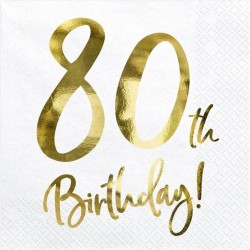 20 SERVIETTES BLANC 80 TH BIRTHDAY OR 33 X 33 CM