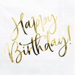 20 SERVIETTES PAPIER BLANC HAPPY BIRTHDAY OR 33 X 33 CM