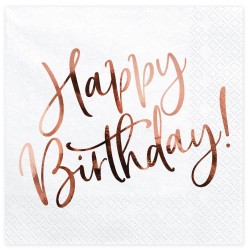 20 SERVIETTES BLANCHES HAPPY BIRTHDAY ROSE GOLD 33 X 33 CM