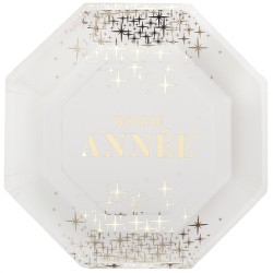 10 ASSIETTES BLANC ET OR HEXAGONALES BONNE ANNEE ETOILE 23X23 CM