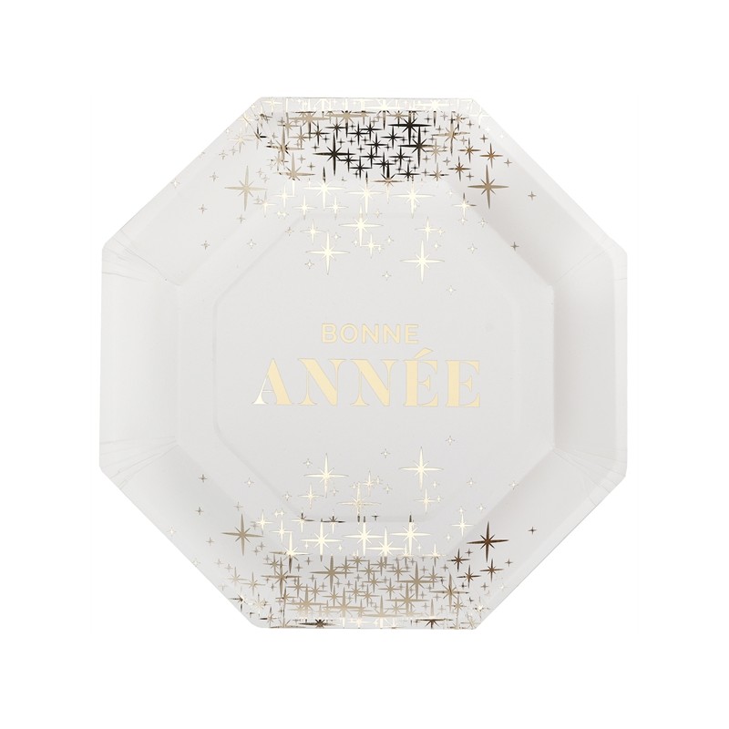 10 ASSIETTES BLANC ET OR HEXAGONALES BONNE ANNEE ETOILE 23X23 CM