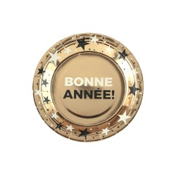 10 ASSIETTES NOIR BLANC SUR FOND OR RONDES BONNE ANNEE ETOILES 17.5 CM