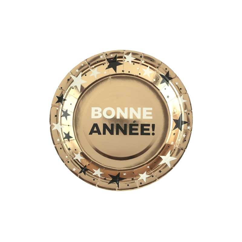 10 ASSIETTES NOIR BLANC SUR FOND OR RONDES BONNE ANNEE ETOILES 17.5 CM