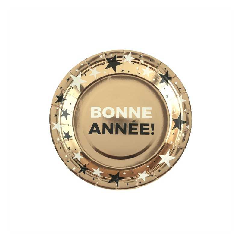 10 ASSIETTES NOIR BLANC SUR FOND OR RONDES BONNE ANNEE ETOILES 17.5 CM 