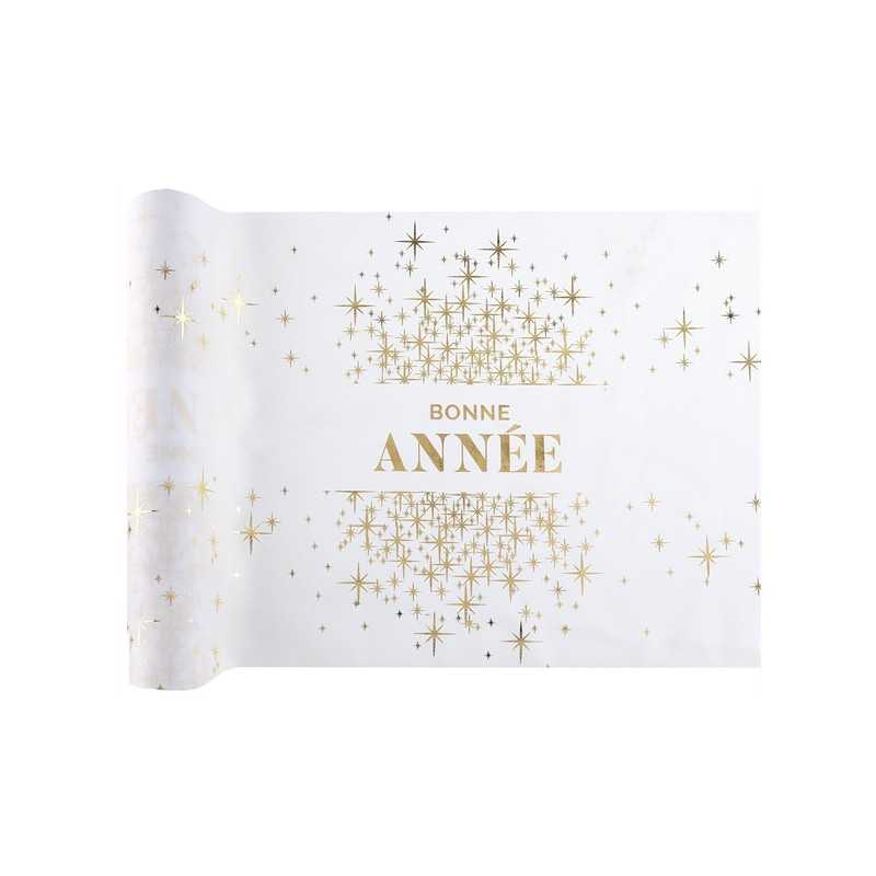 CHEMIN DE TABLE BLANC ET OR BONNE ANNEE ETOILES SCINTILLANTES 3 M EN TISSU