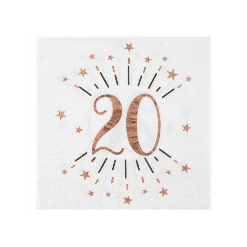 10 SERVIETTES ETINCELANTES 20 ANS ROSE GOLD SUR FOND BLANC 33 X 33 CM 