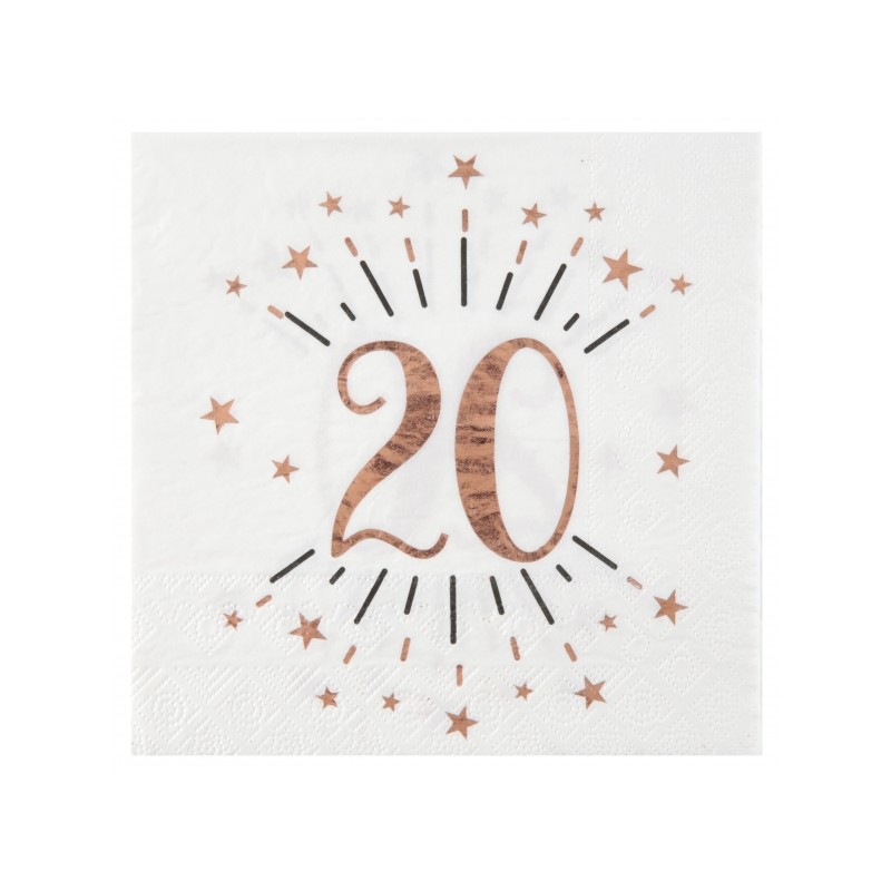 10 SERVIETTES ETINCELANTES 20 ANS ROSE GOLD SUR FOND BLANC 33 X 33 CM