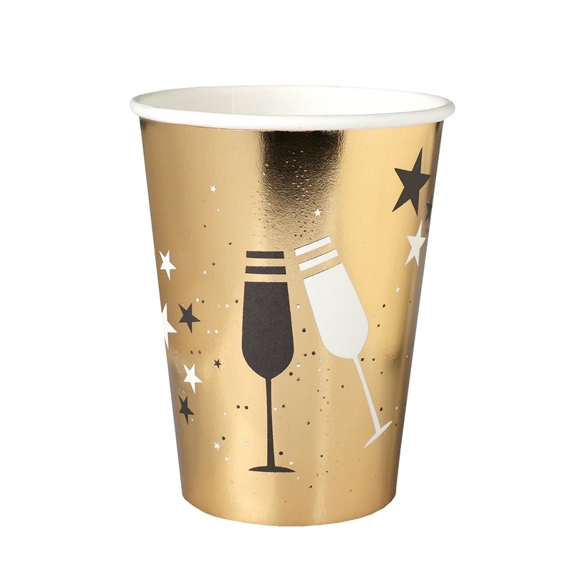 10 GOBELETS BONNE ANNEE NOIR ET BLANC SUR FOND OR