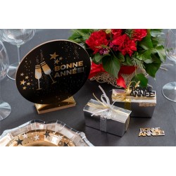 DECORATION DE TABLE RONDE BONNE ANNEE FLUTES A CHAMPAGNE 
