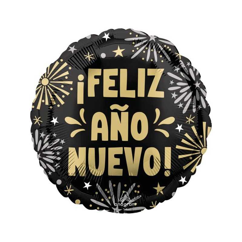 BALLON METALLIQUE ROND 43 CM FELIZ ANO NUEVO! OR ET ARGENT SUR FOND NOIR