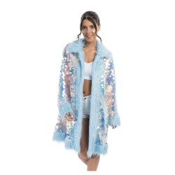 LONG MANTEAU REVERSIBLE A SEQUINS ET FAUSSE FOURRURE BLEUE TAILLE S-M