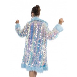 LONG MANTEAU REVERSIBLE A SEQUINS ET FAUSSE FOURRURE BLEUE TAILLE S-M