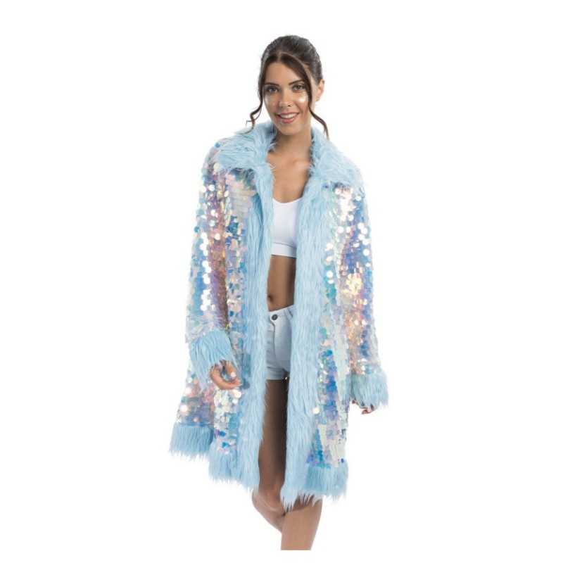 LONG MANTEAU REVERSIBLE A SEQUINS ET FAUSSE FOURRURE BLEUE TAILLE L-XL