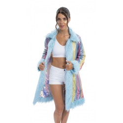 LONG MANTEAU REVERSIBLE A SEQUINS ET FAUSSE FOURRURE BLEUE TAILLE L-XL