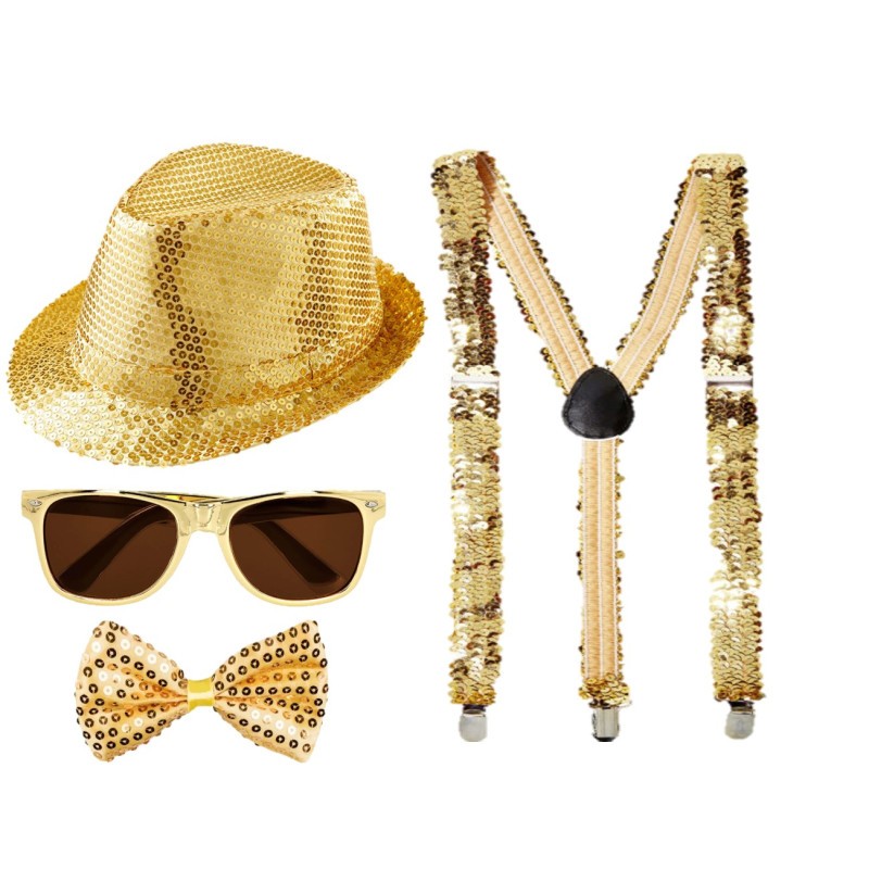 KIT CHAPEAU BORSALINO + BRETELLES + NOEUD PAP + LUNETTES SEQUINS OR