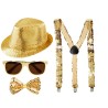 KIT CHAPEAU BORSALINO + BRETELLES + NOEUD PAP + LUNETTES SEQUINS OR