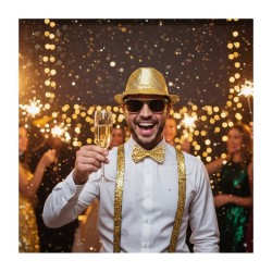 KIT CHAPEAU BORSALINO + BRETELLES + NOEUD PAP + LUNETTES SEQUINS OR