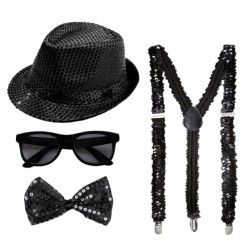 KIT CHAPEAU BORSALINO + BRETELLES + NOEUD PAP + LUNETTES SEQUINS NOIR