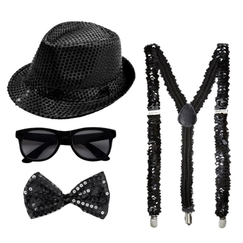 KIT CHAPEAU BORSALINO + BRETELLES + NOEUD PAP + LUNETTES SEQUINS NOIR