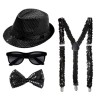 KIT CHAPEAU BORSALINO + BRETELLES + NOEUD PAP + LUNETTES SEQUINS NOIR