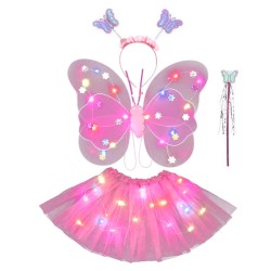 SET AILES + TUTU PAPILLON LUMINEUX LED ROSE +SERRE TETE + BAGUETTE