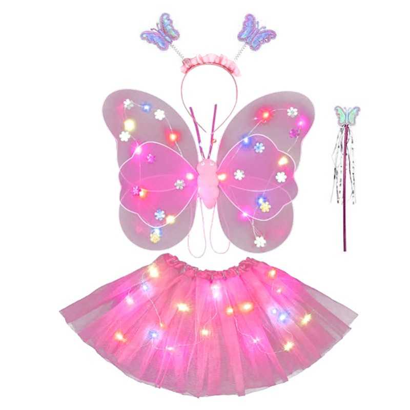 SET AILES + TUTU PAPILLON LUMINEUX LED ROSE +SERRE TETE + BAGUETTE