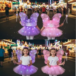 SET AILES + TUTU PAPILLON LUMINEUX LED ROSE +SERRE TETE + BAGUETTE
