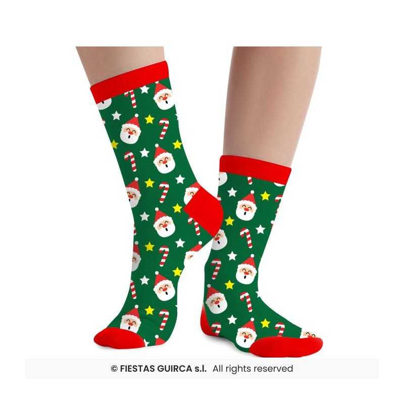 CHAUSSETTES THEME NOEL PERE NOEL ET CANDY CANNE SUR FOND VERT TAILLE 28 - 35