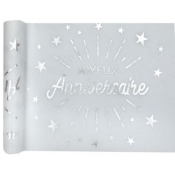 CHEMIN DE TABLE BLANC AVEC JOYEUX ANNNIVERSAIRE ARGENT 5 METRES 