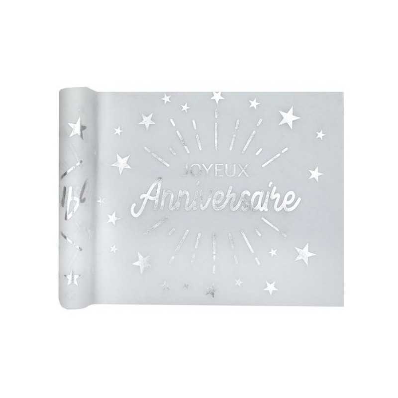 CHEMIN DE TABLE BLANC AVEC JOYEUX ANNNIVERSAIRE ARGENT 5 METRES 