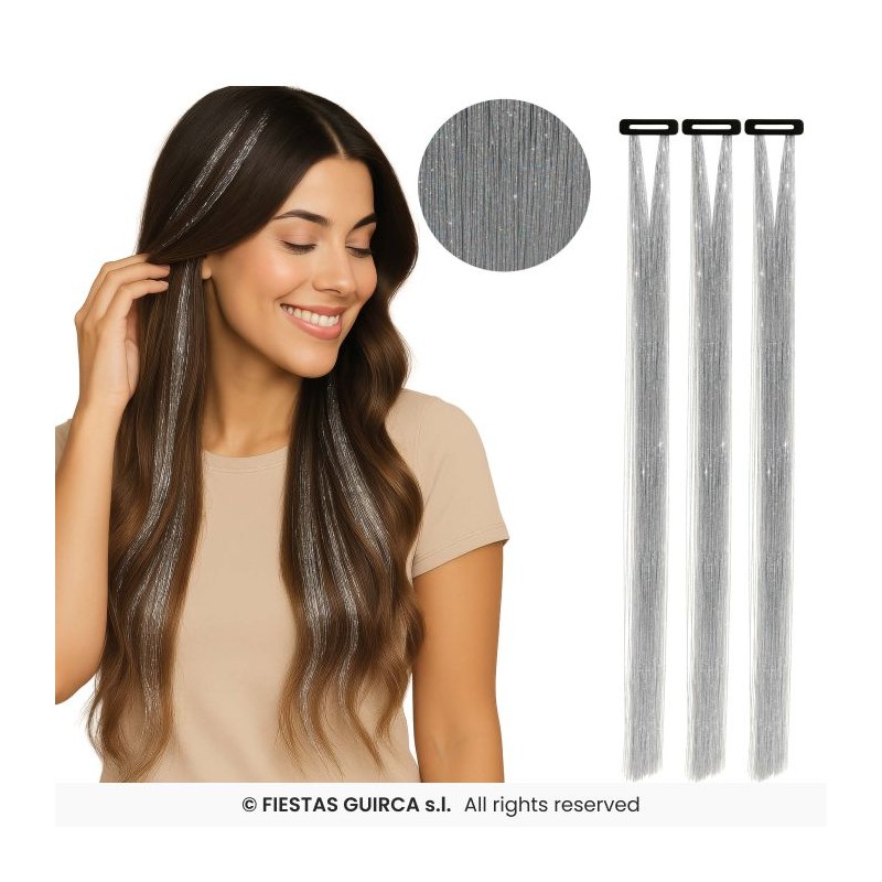 3 MECHES A CLIPSER ARGENT GLITTER 50 CM