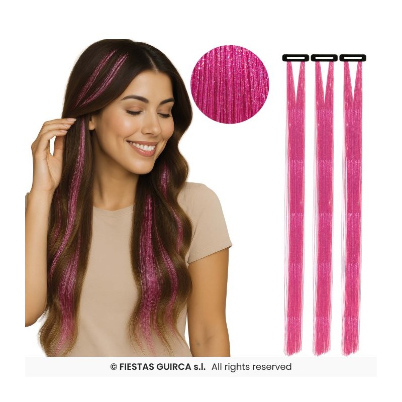 3 MECHES A CLIPSER ROSE GLITTER 50 CM