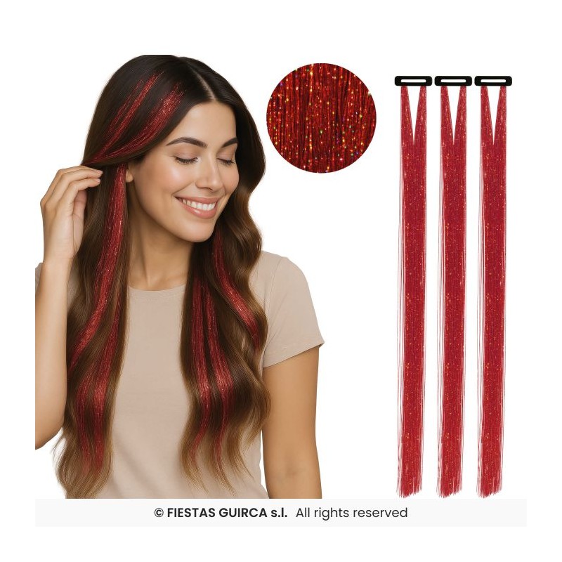 3 MECHES A CLIPSER ROUGE GLITTER 50 CM