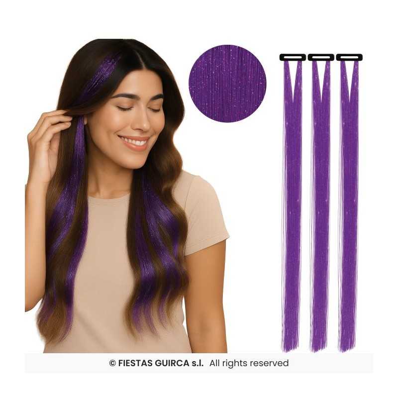 3 MECHES A CLIPSER VIOLET GLITTER 50 CM