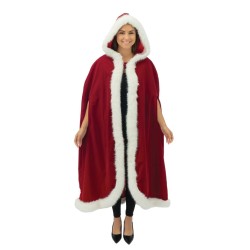 CAPE DE NOEL LUXE LONGUE 125 CM ROUGE VELOUR AVEC FOURRURE BLANCHE