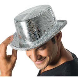 CHAPEAU HAUT DE FORME BOULE A FACETTE ARGENT 