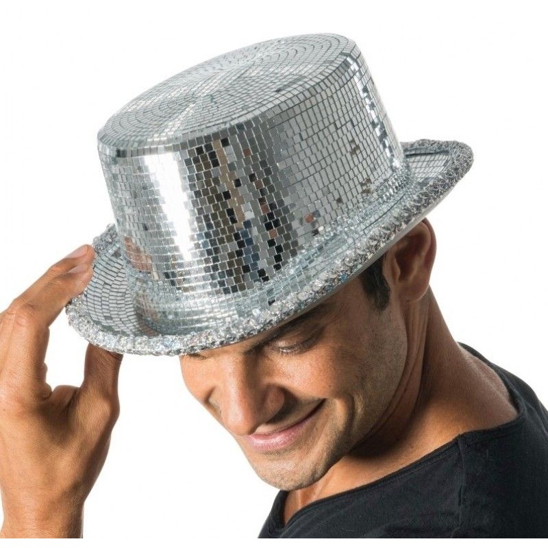 CHAPEAU HAUT DE FORME BOULE A FACETTE ARGENT