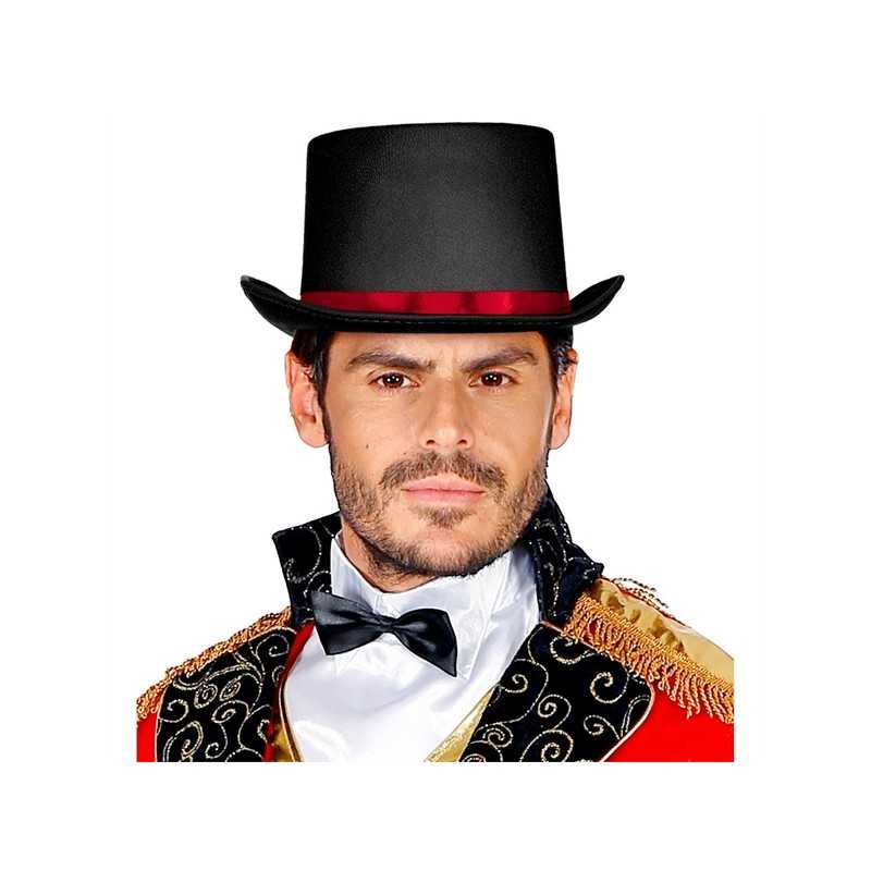 CHAPEAU HAUT DE FORME NOIR RUBAN ROUGE DIRECTEUR DE CIRQUE