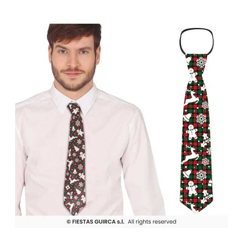 CRAVATE DE NOEL RENNE PAINS D'EPICES BLANC SUR FOND DE TARTAN